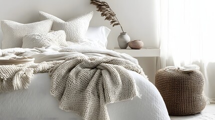 Softly textured neutral bedding creates a serene bedroom atmosphere bathed in bright light