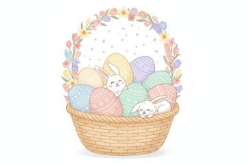 Adorable Easter basket overflowing with giant hand-painted eggs in soft orange, pale mint, and creamy white, surrounded by two fluffy white bunnies with innocent expressions, vibrant orange-red blosso