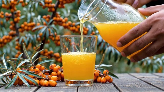 A person pouring sea buckthorn juice from a glass jug into a glass on a wooden table surrounded by fresh sea buckthorn berries and branches. 
