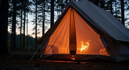 Cozy bell tent glows with warm firelight amidst a dark forest evening