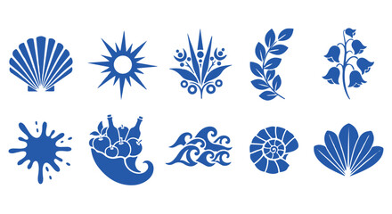 Elegant Blue Icon Set of Various Symbols Including Nature Elements, Shells, Waves, and Floral Motifs with Clean and Minimalistic Designs