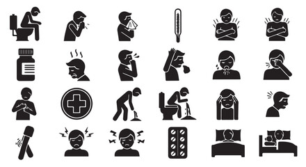 A Collection of Health and Illness Symptoms Depicted in Black and White Pictograms on a White Background