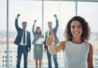 Plakat Happy business team celebrating success in a modern office with city view, giving thumbs up and cheering