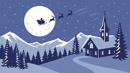 Fototapeta premium Santa sleigh flies over snowy mountains and church under a full moon on christmas eve night scene