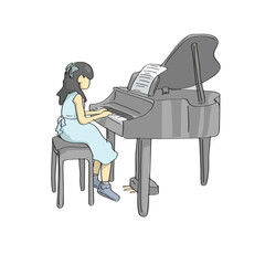 girl playing piano illustration vector sketch with black lines