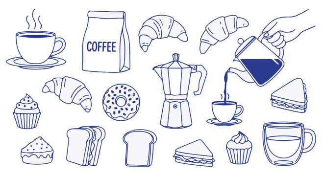 A Charming Coffee and Pastry Doodle Set for a Cafeteria or Bakery Menu Design Idea or Decor Project