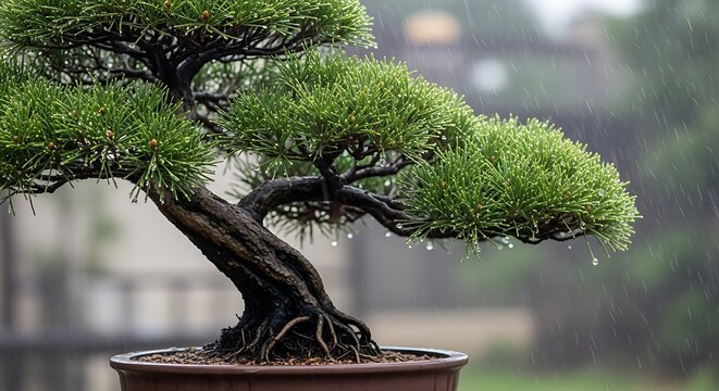 Serene Japanese pine bonsai tree with water droplets on its needles.