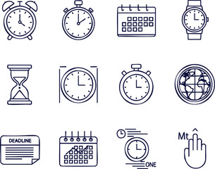 Time management icons for business planning and deadline reminders in modern minimalist style, perfect for project management and scheduling solutions