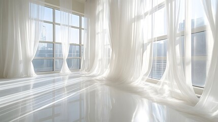 Brightly lit empty room features sheer white curtains covering large panoramic windows