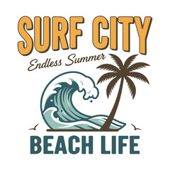 Fototapeta premium Summer surfing badge with ocean wave, palm tree, and beach life text vector illustration.