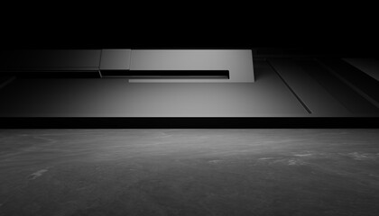 3d rendering of white neon glowing spaceship corridor hallway dark background. Scene for advertising, showroom, technology, future, modern, E sport, game, garage. Sci Fi Illustration. Product display