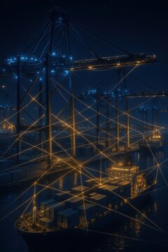 Container port at night with glowing network lines connecting cargo ships and cranes, representing synchronized smart logistics and digital control.