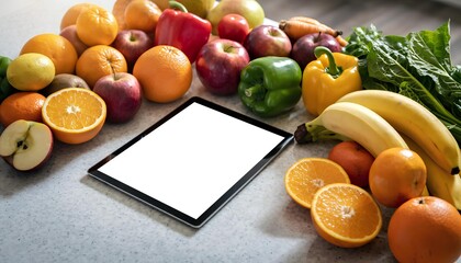 Healthy lifestyle diet with fruits and vegetables and tablet with blank screen on the table