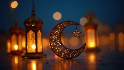 Glowing crescent moon ornament with hanging star in front of blurred golden arabic lanterns against twilight blue sky, concept of ramadan kareem, eid mubarak, islamic celebration