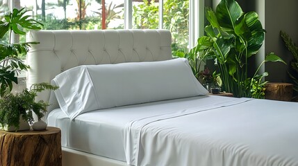 Crisp white bedding adorns a comfortable bed surrounded by abundant natural greenery near a bright window.