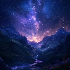 Dreamy twilight mountains under sparkling galaxy high resolution picture