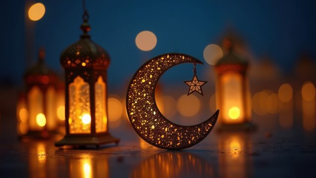 Glowing crescent moon ornament with hanging star in front of blurred golden arabic lanterns against twilight blue sky, concept of ramadan kareem, eid mubarak, islamic celebration