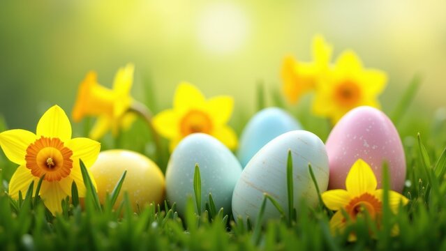 Colorful pastel easter eggs nestled in fresh green grass with bright yellow daffodils under soft morning sun with large copyspace, concept of easter holidays, greeting cards, spring promotions