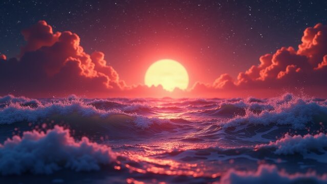 Dramatic full moon rising over turbulent ocean waves under starry twilight sky with glowing red clouds, concept of relaxation, meditation apps, travel agencies