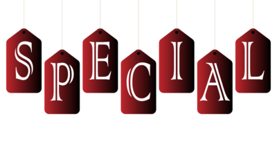 Red sale tags spelling special hanging against on transparent background