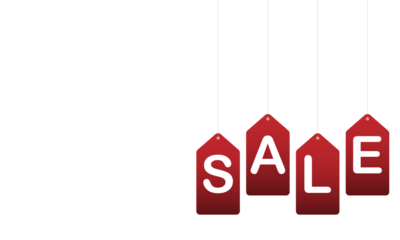 Red sale tags with white lettering on a on transparent background