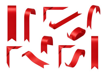 Collection of various red ribbon elements and decorative corners isolated on transparent background