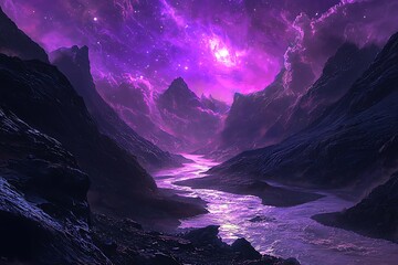 Cosmic valley glowing under nebula sky high resolution picture