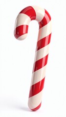 Giant shiny red and white striped candy cane standing alone on white background for Christmas marketing campaign or holiday advertising with copy space for text