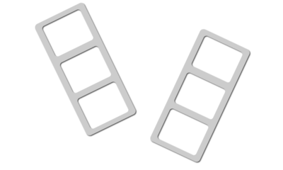 Two white geometric frames with three internal squares on transparent background