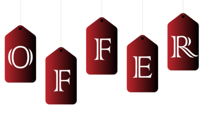 Red sale tags spelling out offer hanging against on transparent background