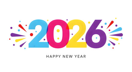 Colorful 2026 happy new year greeting design with festive confetti elements isolated on transparent background