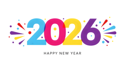 Colorful 2026 happy new year greeting design with festive confetti elements isolated on transparent background