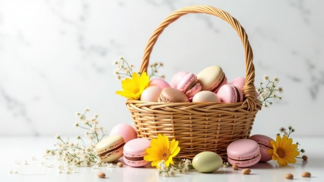 Wicker basket filled with pastel macarons and painted easter eggs surrounded by yellow daisies and white flowers on marble background, concept of easter holidays, bakeries, gift shops