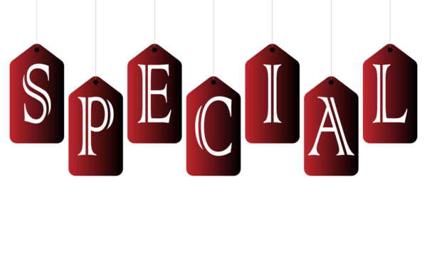 Red sale tags spelling special hanging against on transparent background