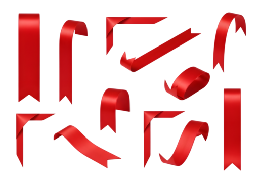 Collection of various red ribbon elements and decorative corners isolated on transparent background