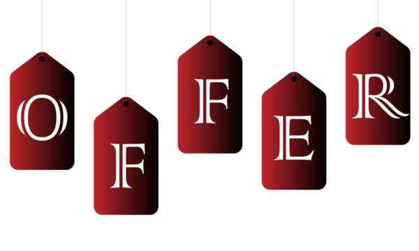 Red sale tags spelling out offer hanging against on transparent background