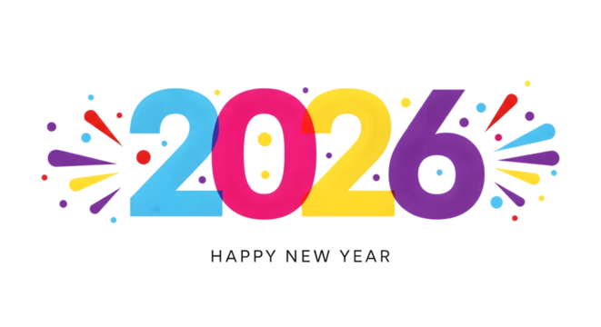 Colorful 2026 happy new year greeting design with festive confetti elements isolated on transparent background