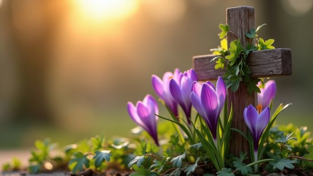 Rustic wooden cross entwined with green ivy and surrounded by purple crocus flowers in warm sunset light, concept of easter hope, christian faith, memorial services