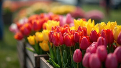 Vibrant red and yellow tulips bouquet in wooden crate against blurred spring garden background, concept of mothers day, flower delivery, easter greetings