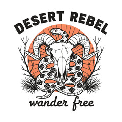 Bull skull with horns and snake wrapped around in desert sunburst vector illustration.