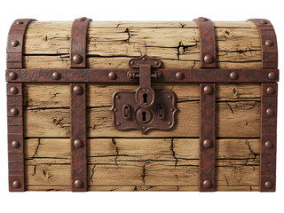 Old wooden treasure chest with metal lock isolated on transparent background