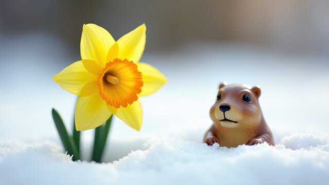 Cute ceramic groundhog emerging from snow beside bright yellow daffodil looking at camera, concept of groundhog day, early spring greeting, seasonal decor