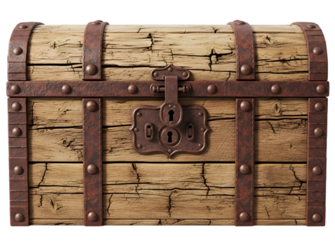 Old wooden treasure chest with metal lock isolated on transparent background