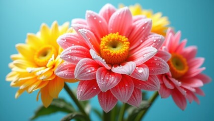 Three colorful gerbera daisies in pink peach and yellow with fresh water droplets against turquoise background, concept of spring greeting, mothers day, floral congratulations