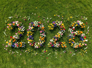 Background colourful colours gold horse christmas floral numbers laid on green grass creating cheerful festive scene with mixed spring blooms and scattered petals happy new year 2026 Concept