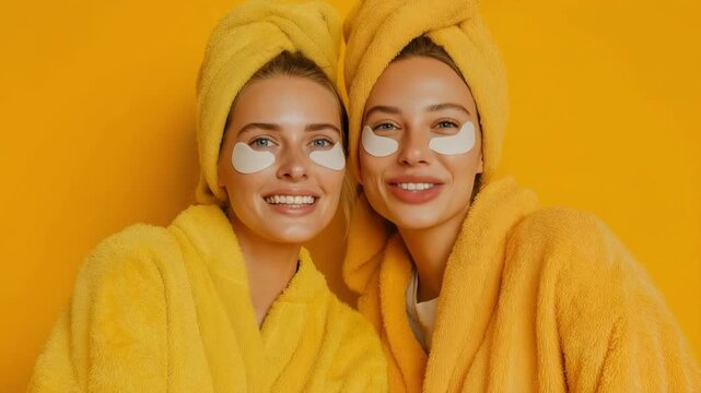 Two contented ladies with towels on their heads and under-eye patches are snapping selfies.