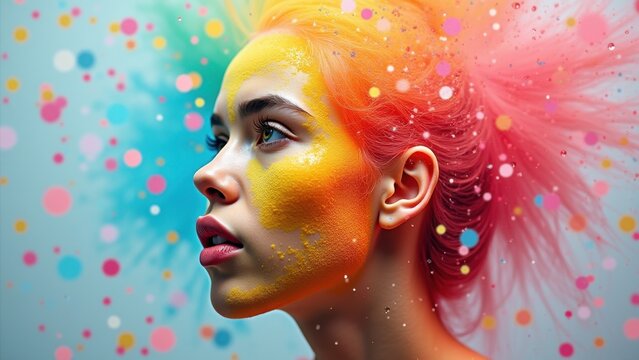 Woman with vibrant rainbow hair and face covered in yellow orange powder gazing upward in colorful bokeh, concept of holi festival, creative beauty, self expression