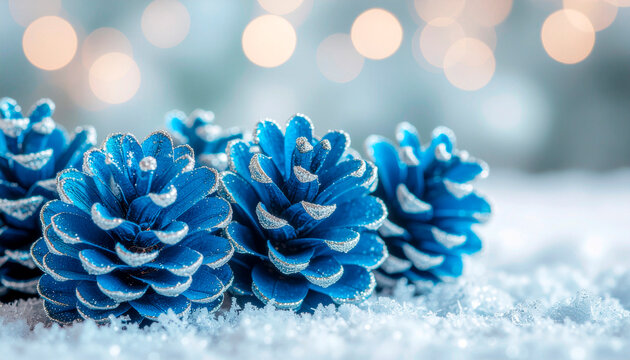 Electric blue pinecones with frosted tips resting on sparkling snow with bokeh lights in the background, creating a festive winter scene.