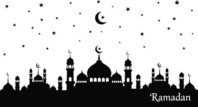 Black and white ramadan silhouette with crescent moon and stars