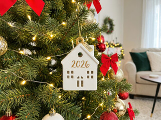 Background christmas colourful colours gold horse 2026 ornament hanging on green pine tree with warm lights creating cozy festive mood happy new year 2026 Concept